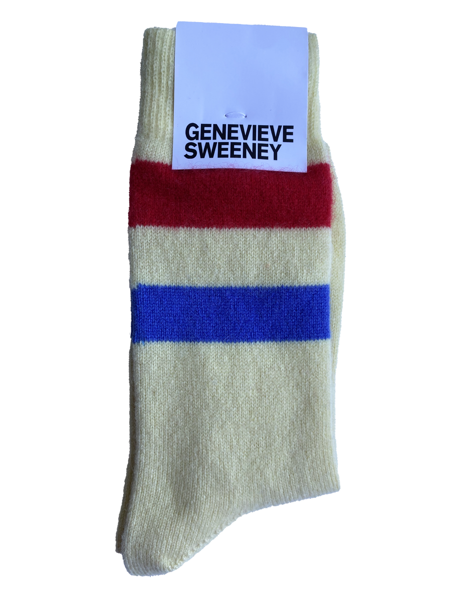 Genevieve Sweeney, Sasha Cashmere Lounge Socks, Lemon/ Red & Blue