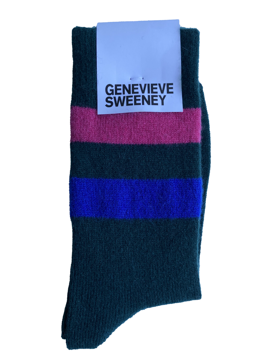 Genevieve Sweeney, Sasha Cashmere Lounge Socks, Dark Green/ Pink & Blue