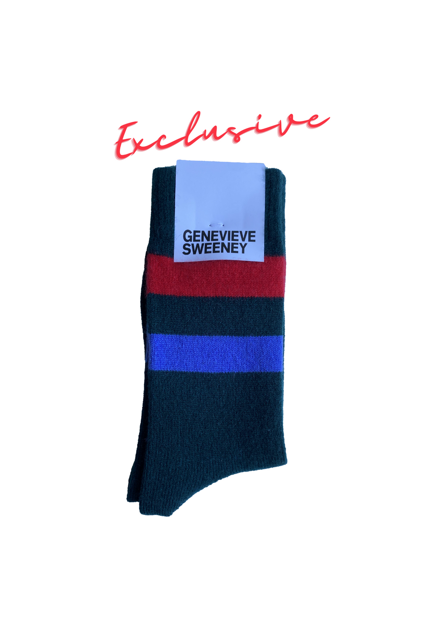 Genevieve Sweeney, Sasha Cashmere Lounge Socks, Dark Green/ Red & Cornflower Blue