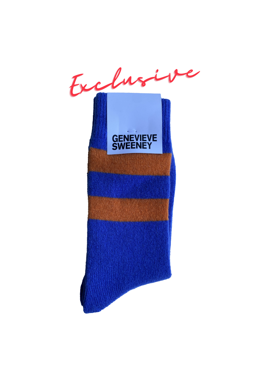 Genevieve Sweeney, Sasha Cashmere Lounge Socks, Cornflower Blue/Orange